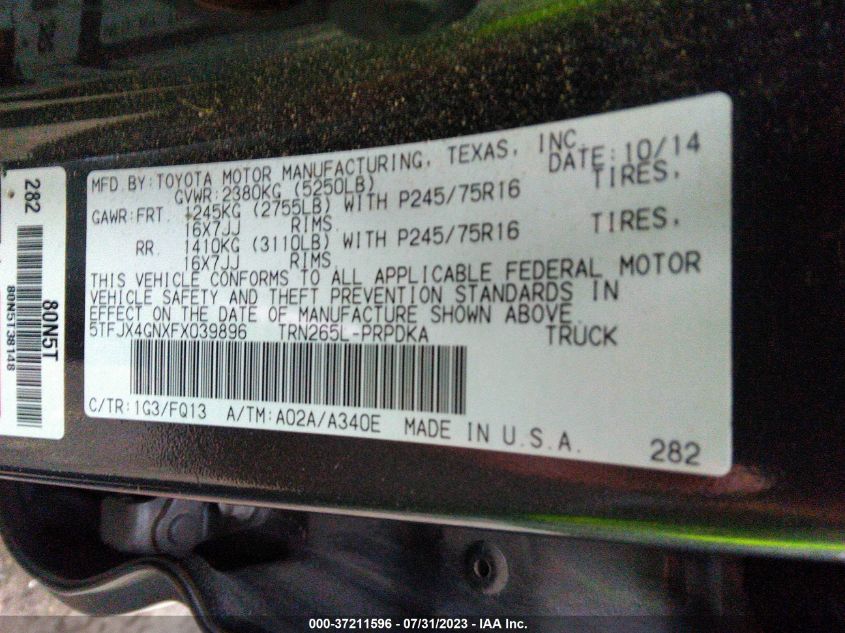 2015 TOYOTA TACOMA PRERUNNER - 5TFJX4GNXFX039896