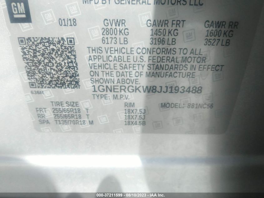 2018 CHEVROLET TRAVERSE LT CLOTH - 1GNERGKW8JJ193488