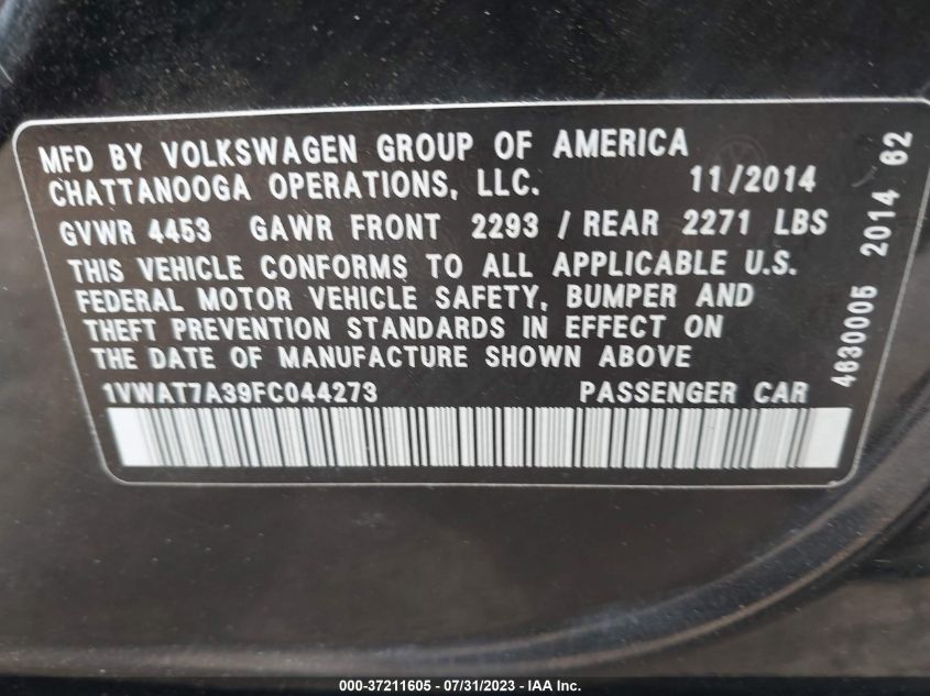 2015 VOLKSWAGEN PASSAT 1.8T S - 1VWAT7A39FC044273