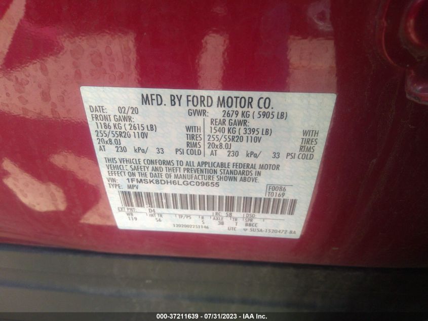 2020 FORD EXPLORER XLT - 1FMSK8DH6LGC09655