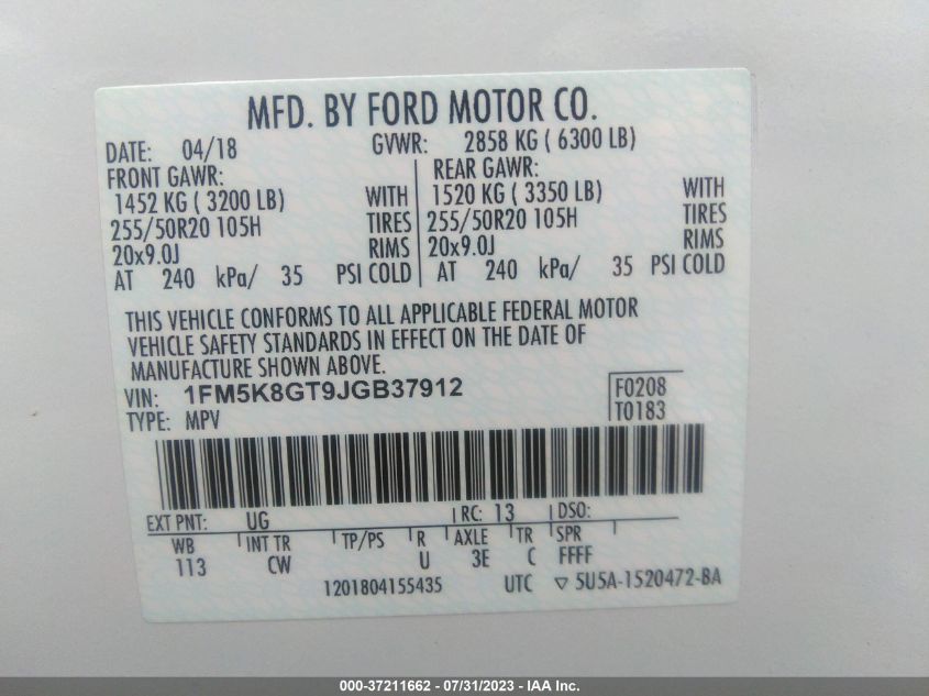 2018 FORD EXPLORER SPORT - 1FM5K8GT9JGB37912