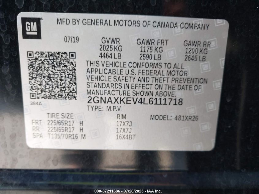 2020 CHEVROLET EQUINOX LT - 2GNAXKEV4L6111718