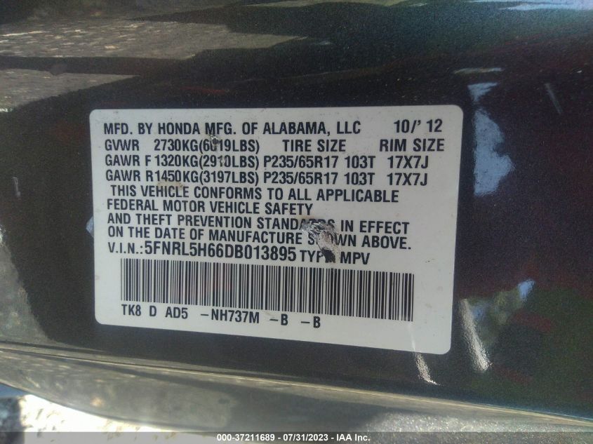 VIN 5FNRL5H66DB013895 2013 HONDA ODYSSEY no.9