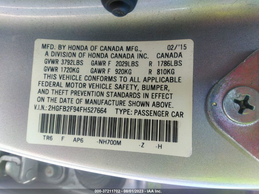 2015 HONDA CIVIC EX-L - 2HGFB2F94FH527664
