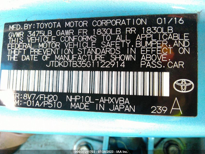 2016 TOYOTA PRIUS C ONE/TWO/THREE/FOUR - JTDKDTB35G1122914