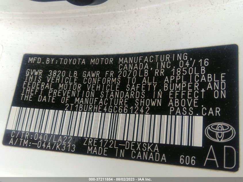 2016 TOYOTA COROLLA L/LE/S/S PLUS/LE PLUS - 2T1BURHE4GC661242