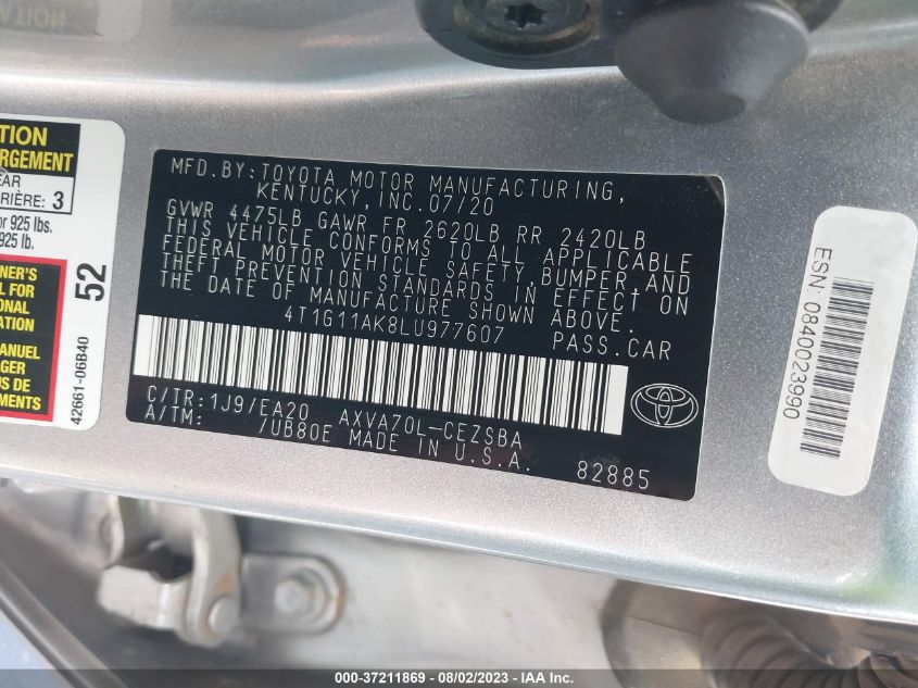 2020 TOYOTA CAMRY SE - 4T1G11AK8LU977607