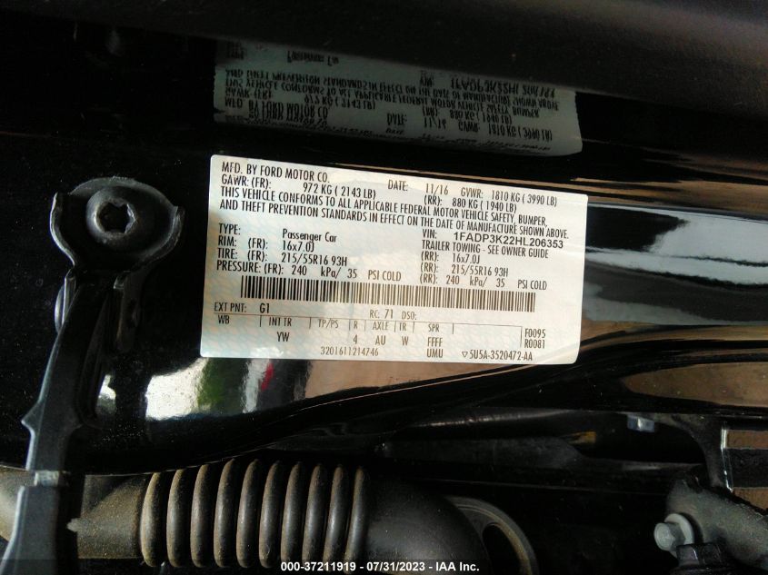2017 FORD FOCUS SE - 1FADP3K22HL206353