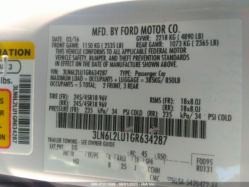 2016 LINCOLN MKZ HYBRID - 3LN6L2LU1GR634287