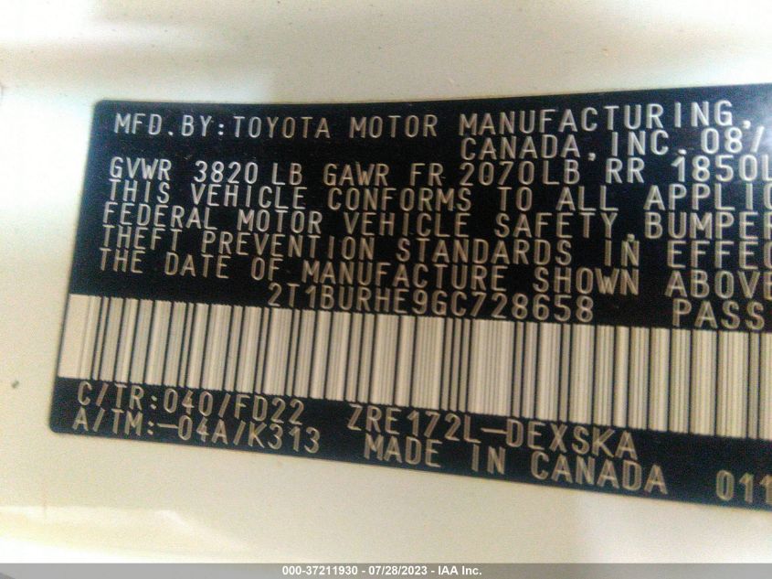 2016 TOYOTA COROLLA L/LE/S/S PLUS/LE PLUS - 2T1BURHE9GC728658