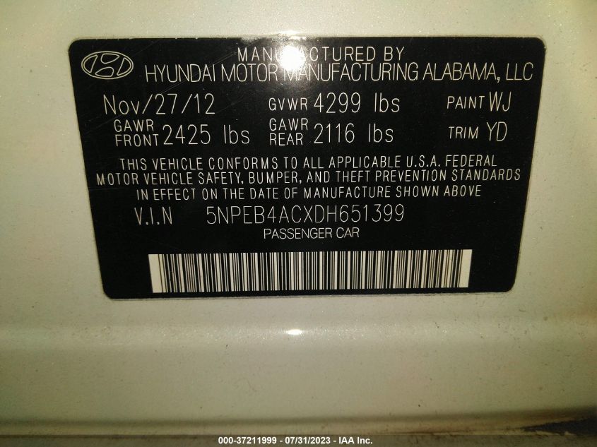 2013 HYUNDAI SONATA GLS - 5NPEB4ACXDH651399