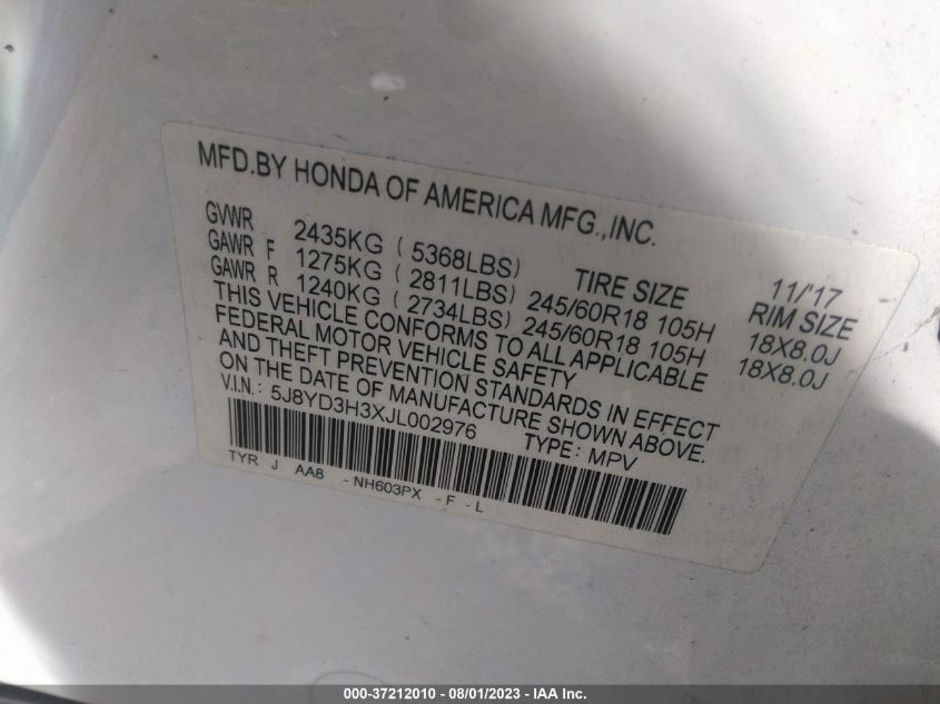 2018 ACURA MDX - 5J8YD3H3XJL002976