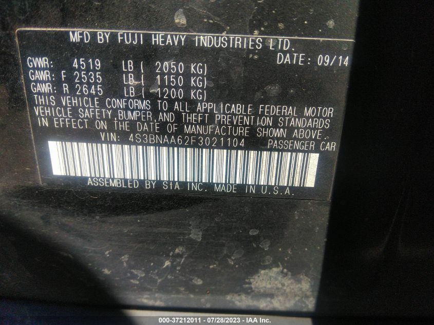 2015 SUBARU LEGACY 2.5I - 4S3BNAA62F3021104