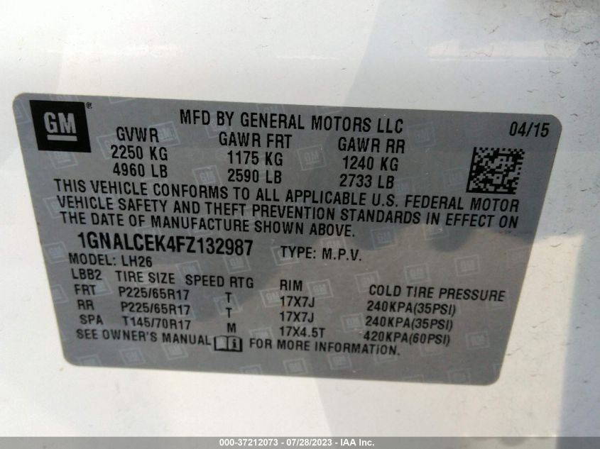 2015 CHEVROLET EQUINOX LT - 1GNALCEK4FZ132987