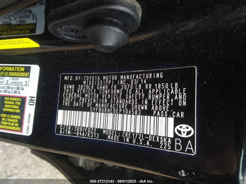 2014 TOYOTA COROLLA L/LE/S/S PLUS/LE PLUS - 5YFBURHE0EP104583