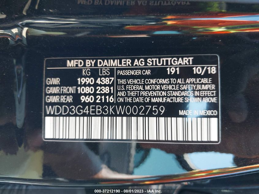 2019 MERCEDES-BENZ A-CLASS A 220 - WDD3G4EB3KW002759