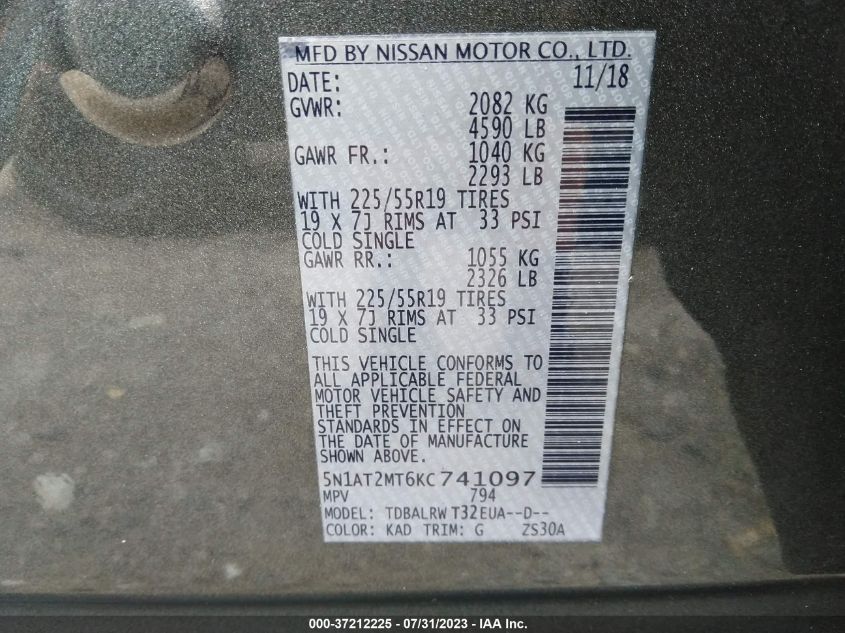 2019 NISSAN ROGUE S/SL/SV - 5N1AT2MT6KC741097