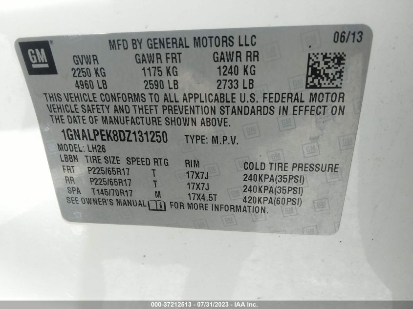 2013 CHEVROLET EQUINOX LT - 1GNALPEK8DZ131250