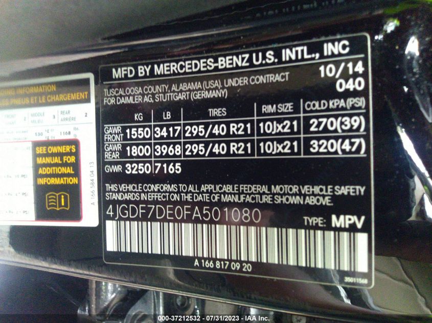 2015 MERCEDES-BENZ GL-CLASS GL 550 4JGDF7DE0FA501080