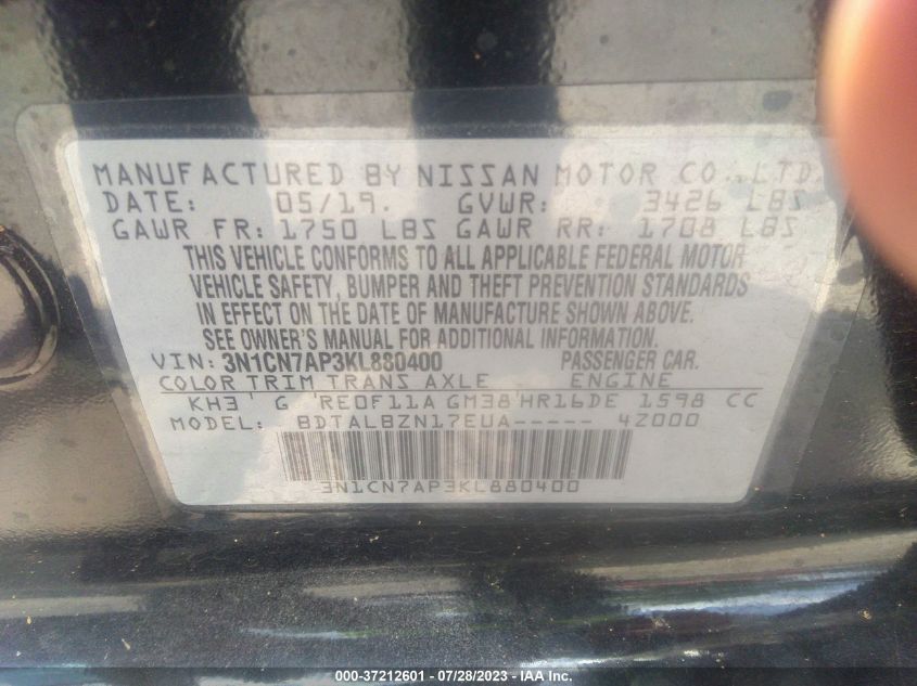 2019 NISSAN VERSA SEDAN SV - 3N1CN7AP3KL880400