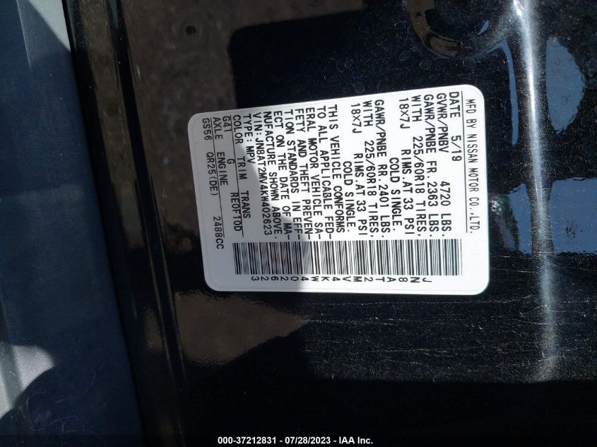 2019 NISSAN ROGUE SV - JN8AT2MV4KW402623