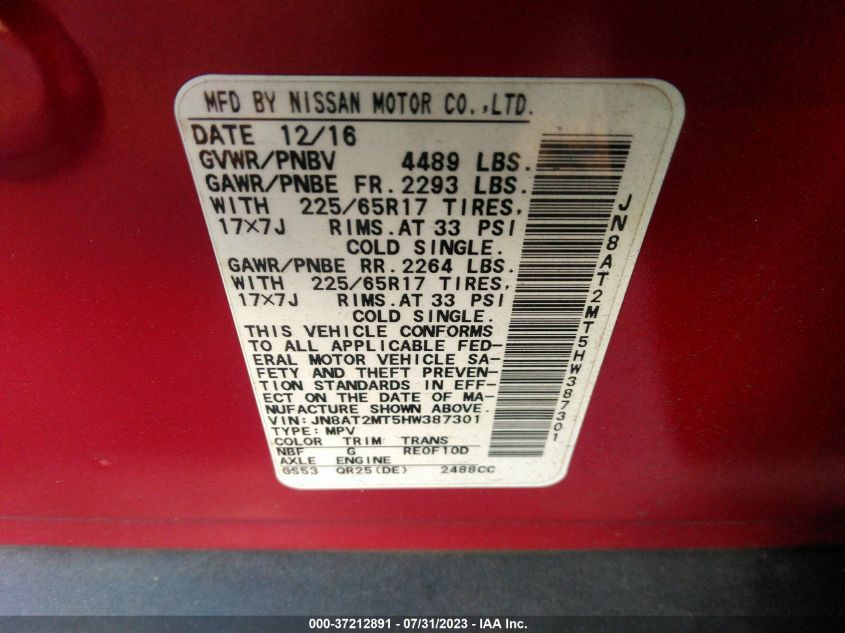 2017 NISSAN ROGUE S/SL/SV - JN8AT2MT5HW387301