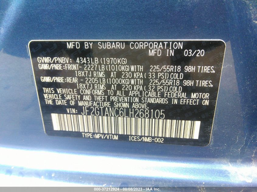 2020 SUBARU CROSSTREK LIMITED - JF2GTANC6LH268105
