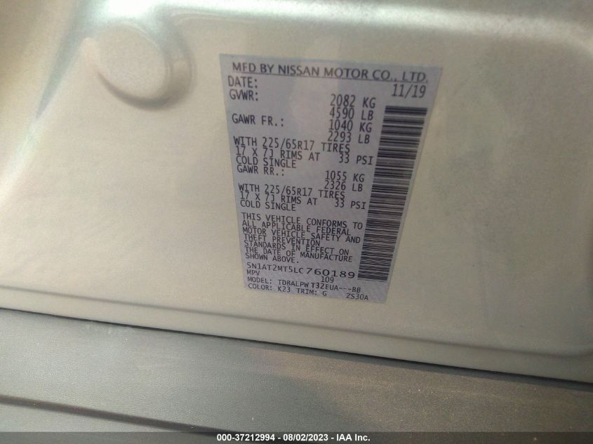 2020 NISSAN ROGUE S/SL/SV - 5N1AT2MT5LC760189