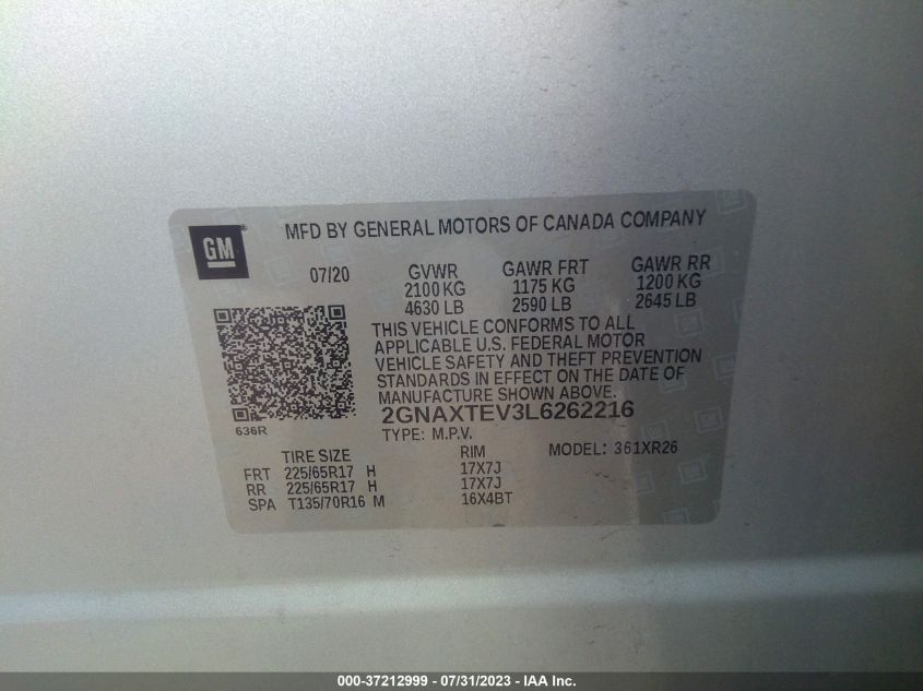 2020 CHEVROLET EQUINOX LT - 2GNAXTEV3L6262216