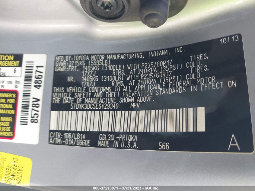 2014 TOYOTA SIENNA XLE/XLE AAS/LTD - 5TDYK3DC5ES429349