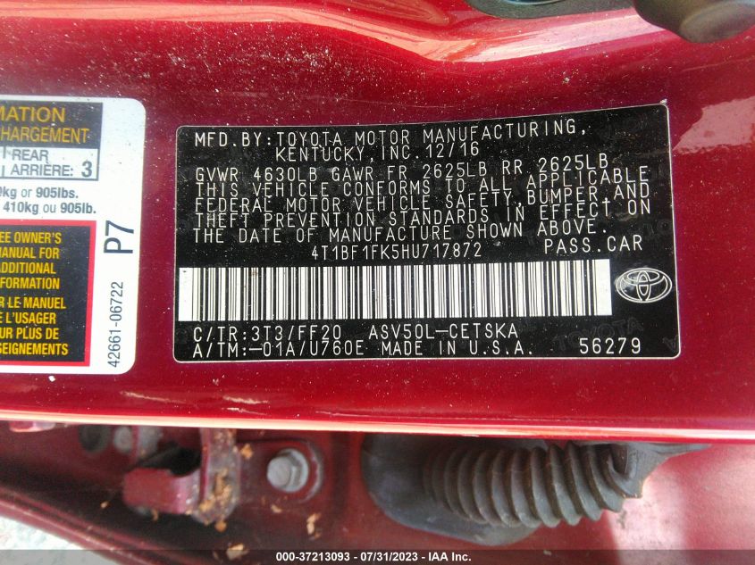 2017 TOYOTA CAMRY LE/XLE/SE/XSE - 4T1BF1FK5HU717872