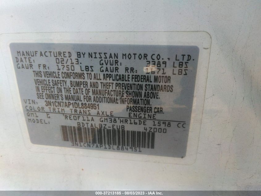 2013 NISSAN VERSA SV - 3N1CN7AP1DL884951