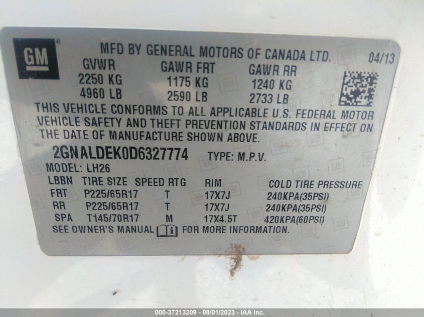 2013 CHEVROLET EQUINOX LT - 2GNALDEK0D6327774