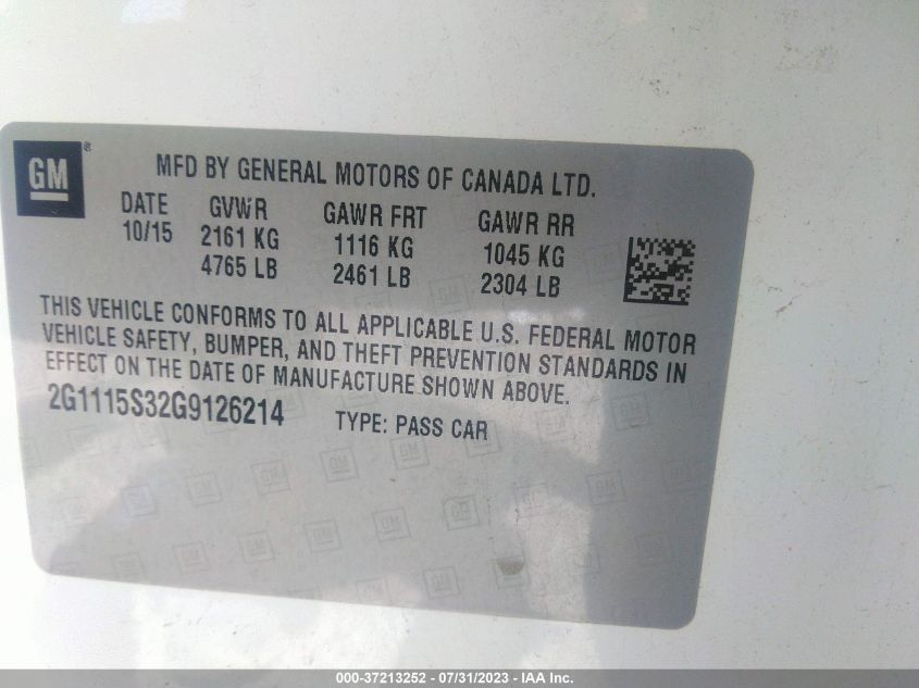 2016 CHEVROLET IMPALA LT - 2G1115S32G9126214