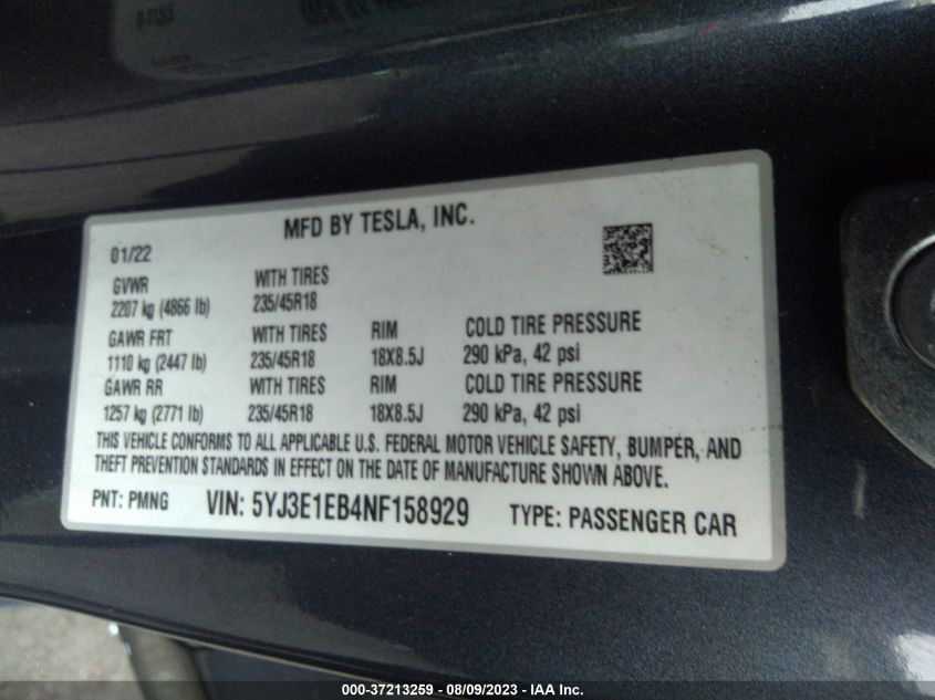 2022 TESLA MODEL 3 LONG RANGE - 5YJ3E1EB4NF158929