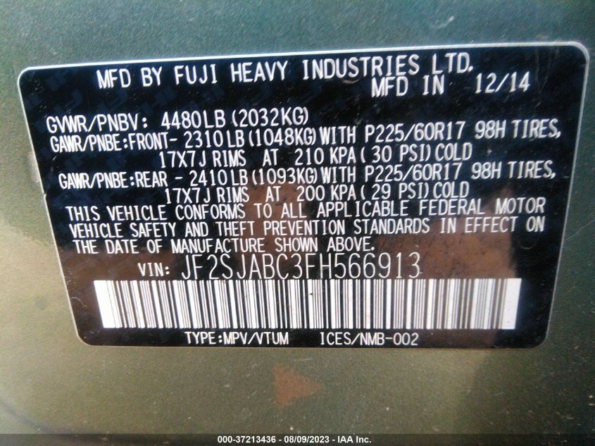 2015 SUBARU FORESTER 2.5I - JF2SJABC3FH566913