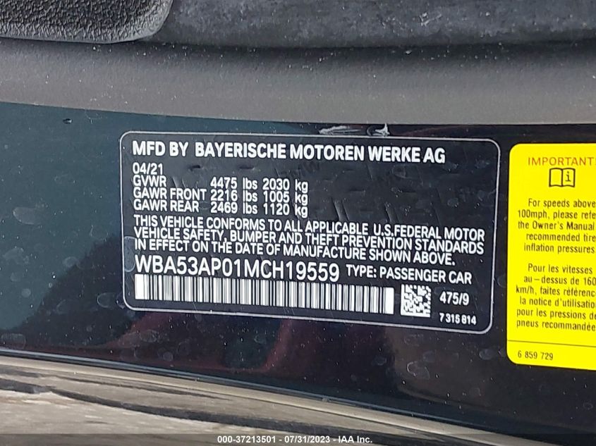 2021 BMW 4 SERIES 430I - WBA53AP01MCH19559