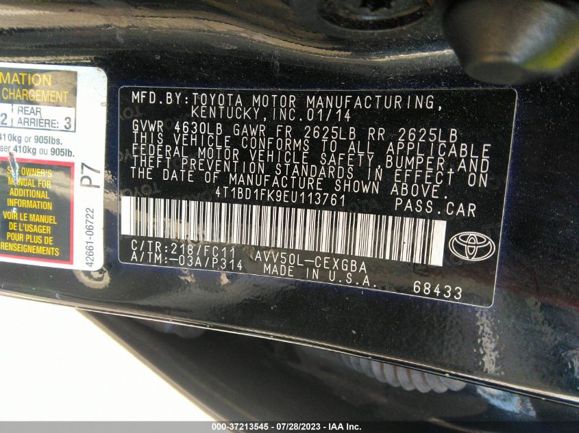 2014 TOYOTA CAMRY HYBRID LE/XLE/SE LIMITED EDITION - 4T1BD1FK9EU113761
