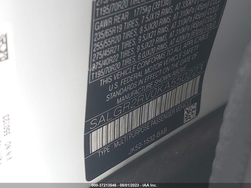 VIN SALGR2RV0KA550223 2019 LAND ROVER RANGE ROVER