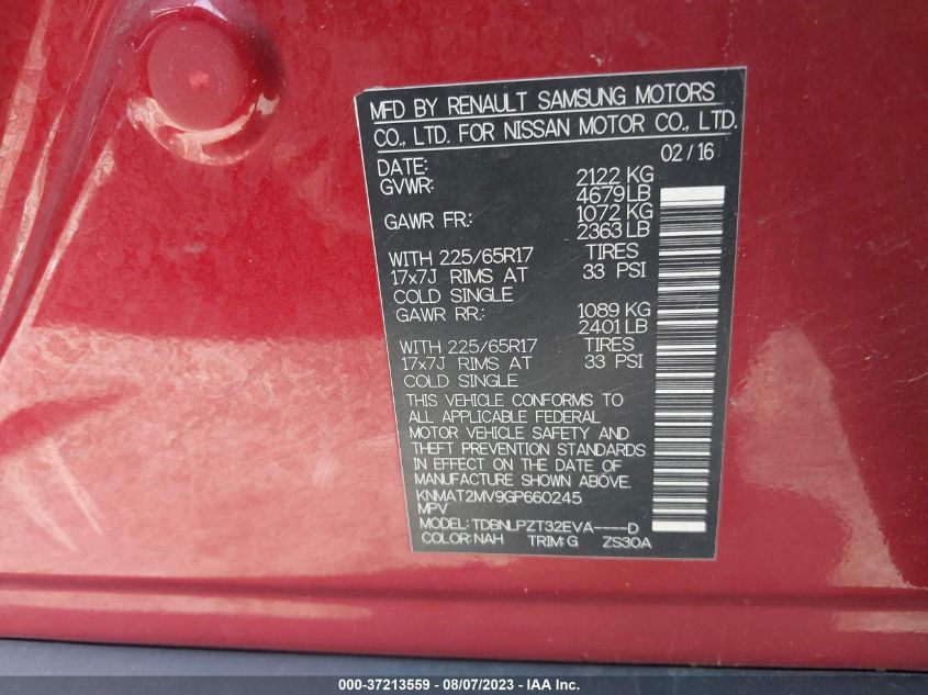 2016 NISSAN ROGUE S - KNMAT2MV9GP660245