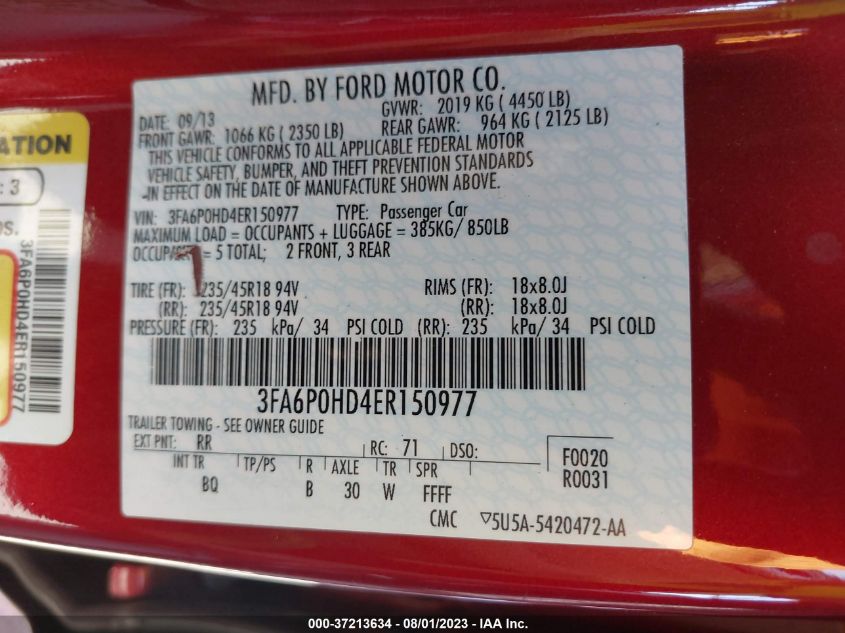 2014 FORD FUSION SE - 3FA6P0HD4ER150977