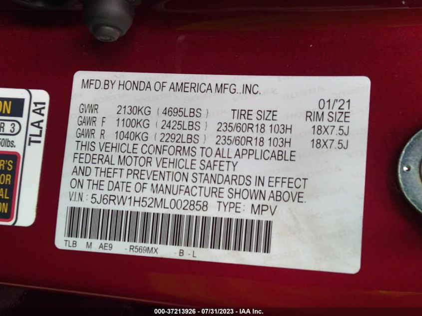 2021 HONDA CRV 5J68W1H52ML002858