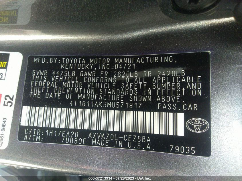 4T1G11AK3MU571817 Toyota Camry SE 9