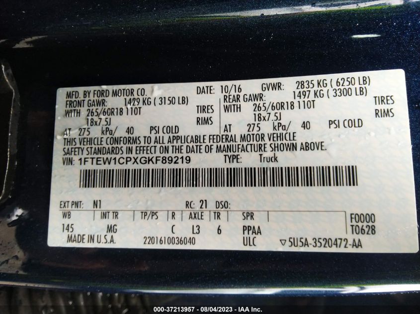 2016 FORD F-150 XL/LARIAT/XLT - 1FTEW1CPXGKF89219