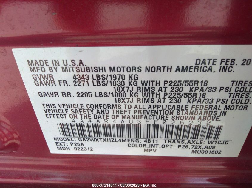 2015 MITSUBISHI OUTLANDER SPORT SE - 4A4AR4AU3FE026230