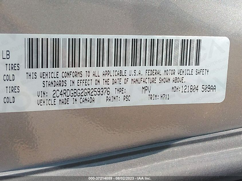 2016 DODGE GRAND CARAVAN AMERICAN VALUE PKG - 2C4RDGBG2GR259376