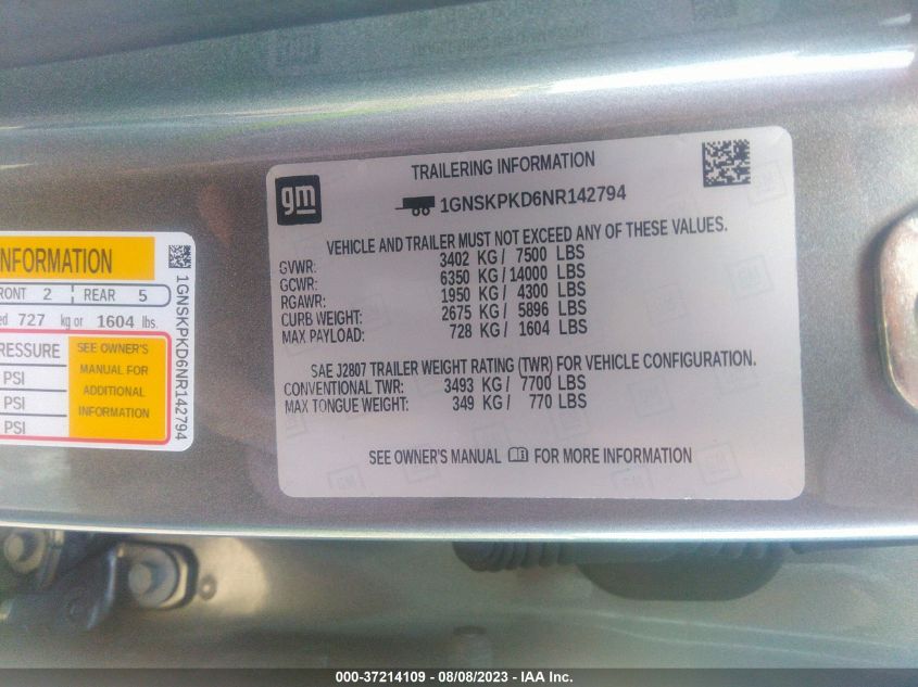 2022 CHEVROLET TAHOE Z71 - 1GNSKPKD6NR142794
