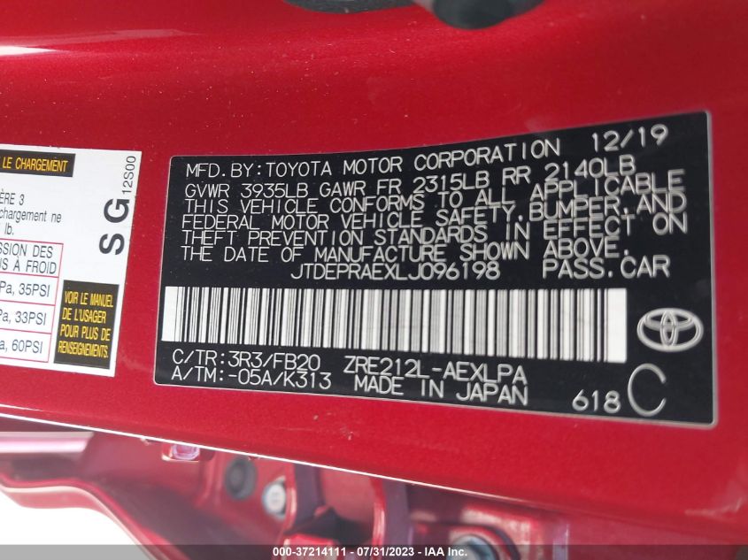 2020 TOYOTA COROLLA LE - JTDEPRAEXLJ096198