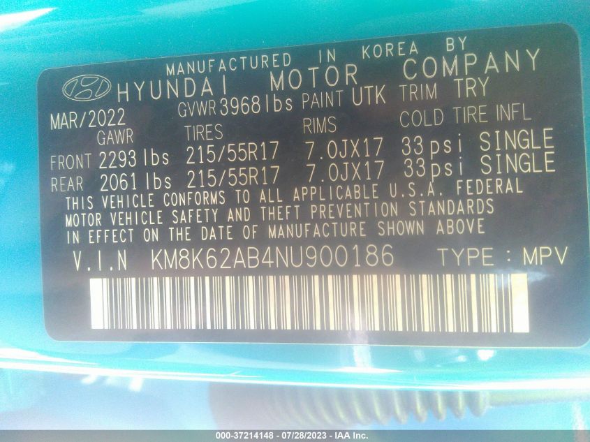 2022 HYUNDAI KONA SEL - KM8K62AB4NU900186