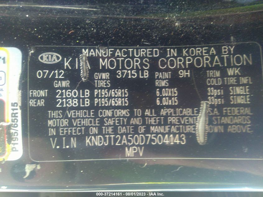 2013 KIA SOUL BASE - KNDJT2A50D7504143